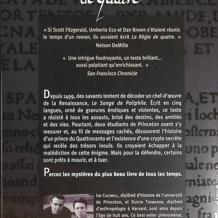 La Règle de quatre – Ian Caldwell thriller intellectuel mystère universitaire secret ancien manuscrit - livre