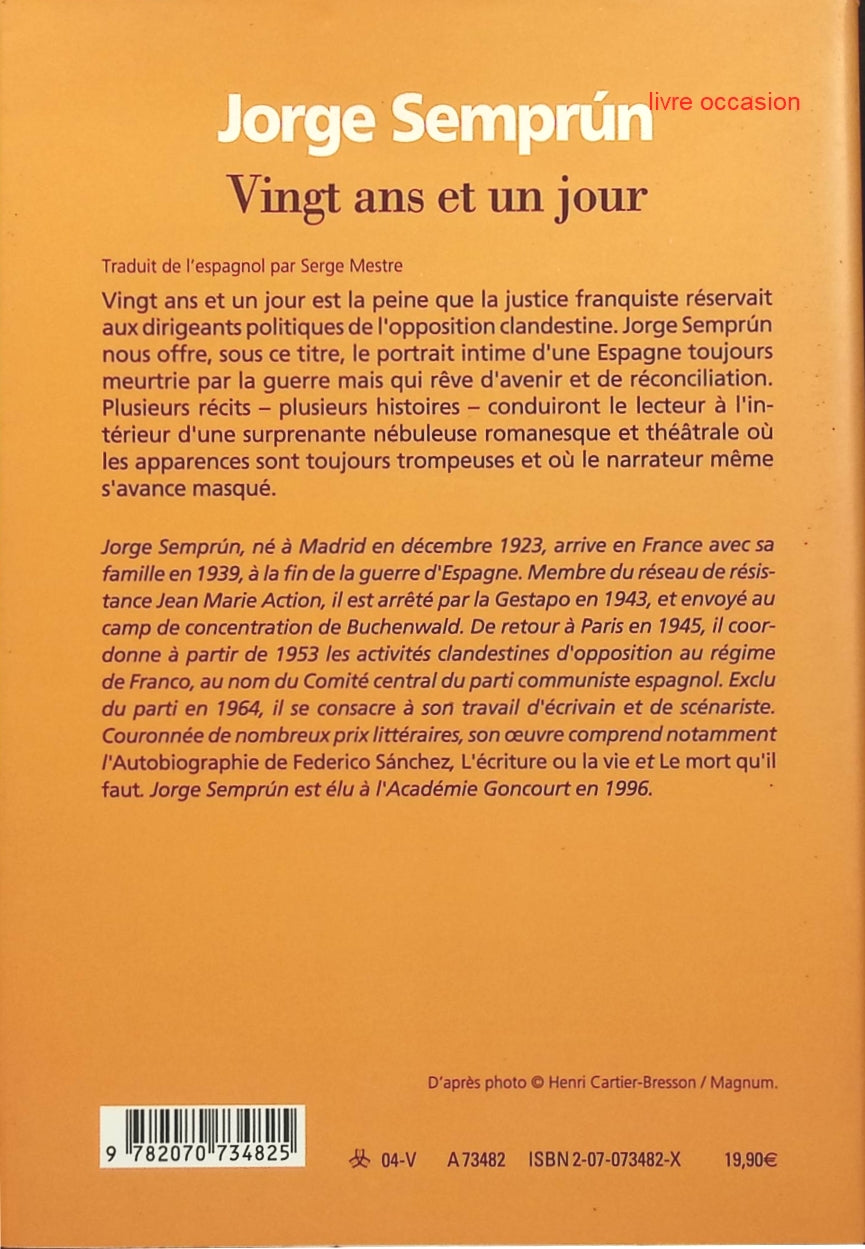 Vingt ans et un jour - Jorge Semprun - livre