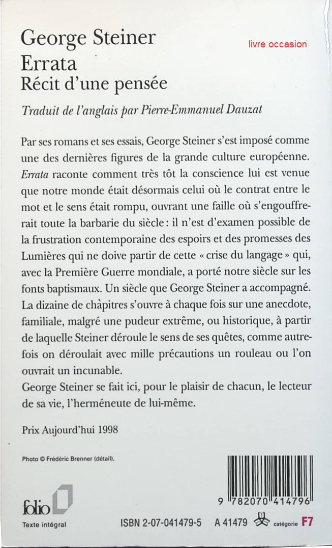 Errata - George Steiner - Livre