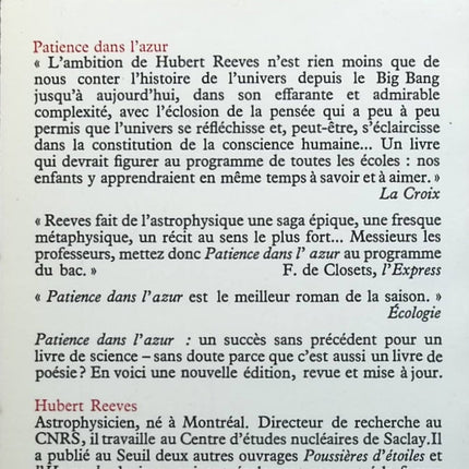 Patience dans l'azur : L'évolution cosmique - Hubert Reeves - Livre