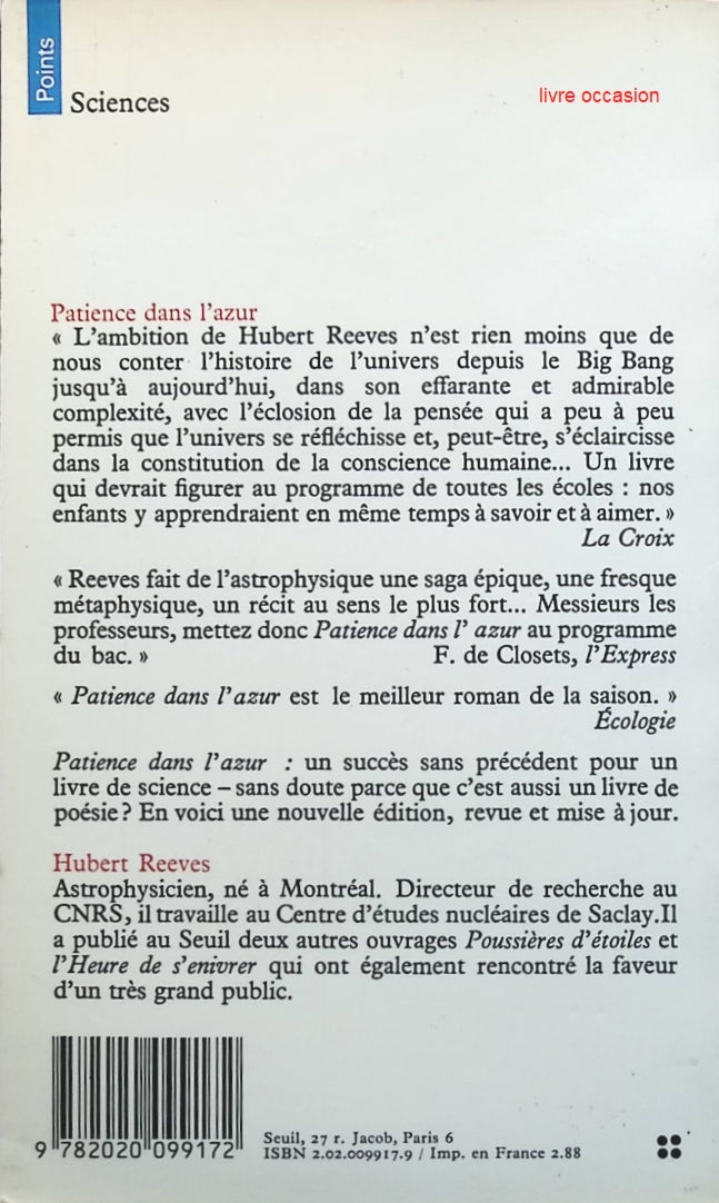 Patience dans l'azur : L'évolution cosmique - Hubert Reeves - Livre
