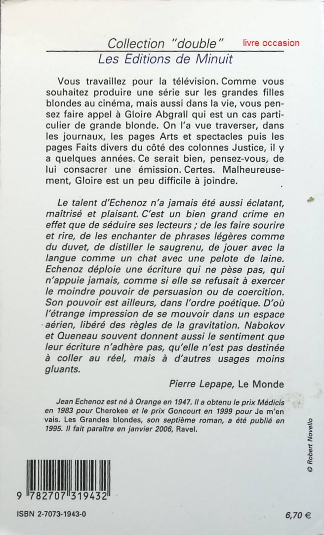 Les Grandes Blondes - Jean Echenoz - Livre