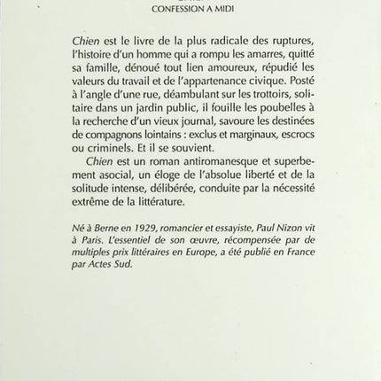 Chien - Confession à midi - Paul Nizon - Livre