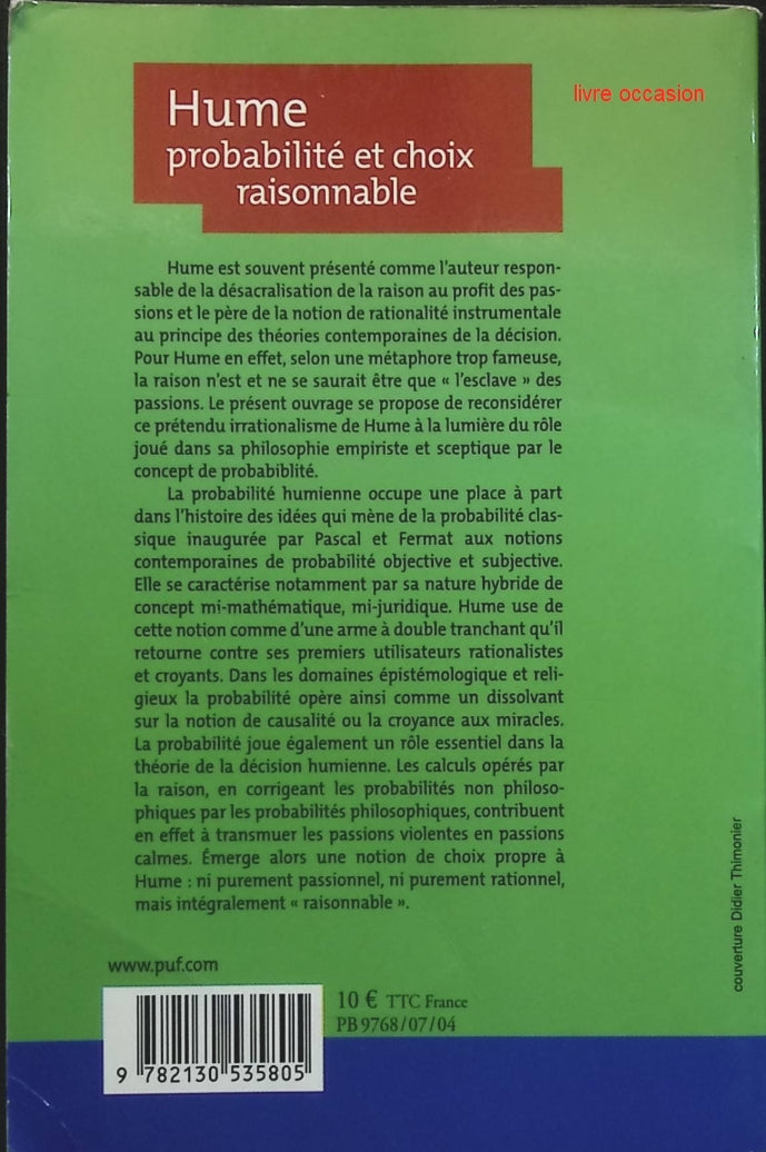 Hume - Probabilité et choix raisonnable - Hélène Landemore - livre