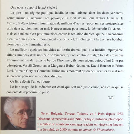 Mémoire du mal, tentation du bien. Enquête sur le siècle - Tzvetan Todorov - Livre