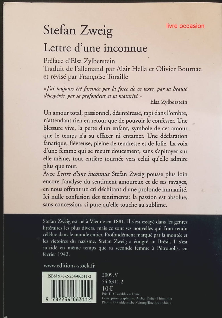 Lettre d'une inconnue - Stefan Zweig - livre