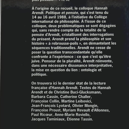 Politique et pensée - Colloque Hannah Arendt - Hannah Arendt - Livre