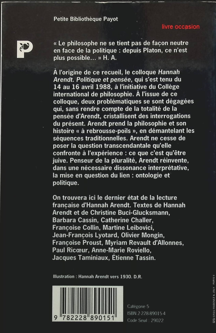 Politique et pensée - Colloque Hannah Arendt - Hannah Arendt - Livre