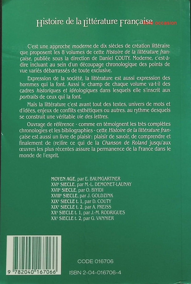 Histoire de la littérature française - XIXe siècle, tome 2 1851/1891 - Axel Preiss - Livre