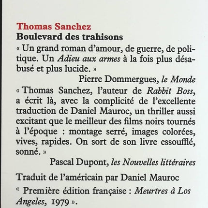 Boulevard Des Trahisons - Meurtres À Los Angeles - Thomas Sanchez - Livre
