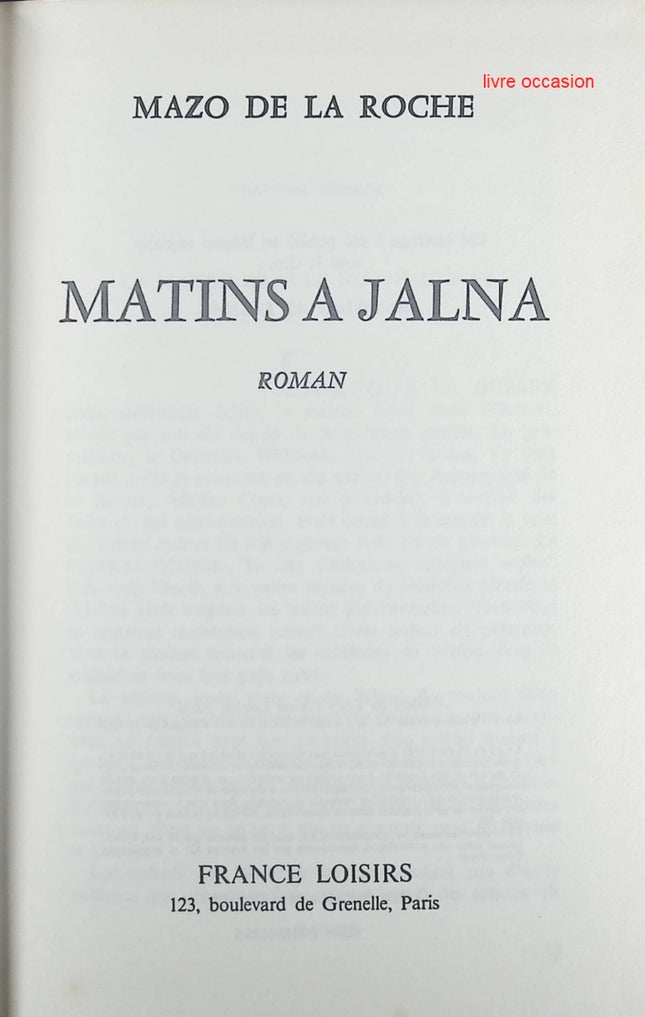 Matins à Jalna - Mazo de La Roche - Livre