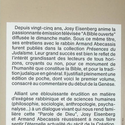 A Bible ouverte - Tome 1 - Josy Eisenberg Armand Abécassis - Livre