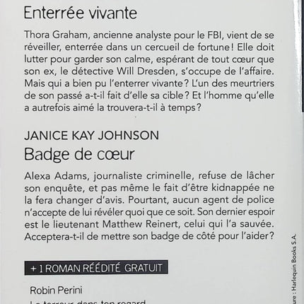 Enterrée vivante - Badge de cœur - La terreur dans ton regard - Amanda Stevens - Janice Kay Johnson - Robin Perini - Black Rose - Romance suspense - Enquête - Danger - Livre