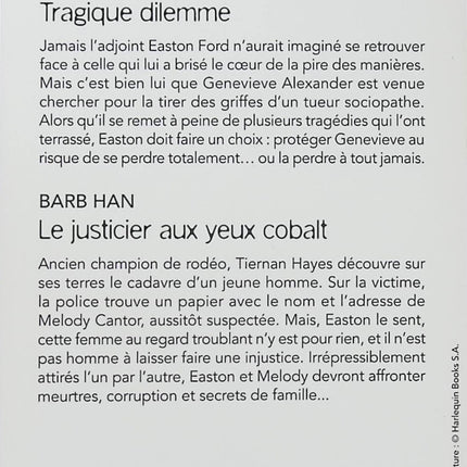 Tragique dilemme - Le justicier aux yeux cobalt - Nichole Severn - Barb Han - Black Rose - Romance suspense - Tueur sociopathe - Meurtre - Enquête - Protection - Danger - Corruption - Secrets de famille - Livre