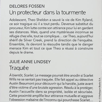 Un protecteur dans la tourmente - Traquée - Delores Fossen - Julie Anne Lindsey - Les Justiciers de Silver Creek Tome 3 - Black Rose - Romance suspense - Enquête - Harcèlement - Meurtre - Protection - Danger - Shérif - Détective - Livre