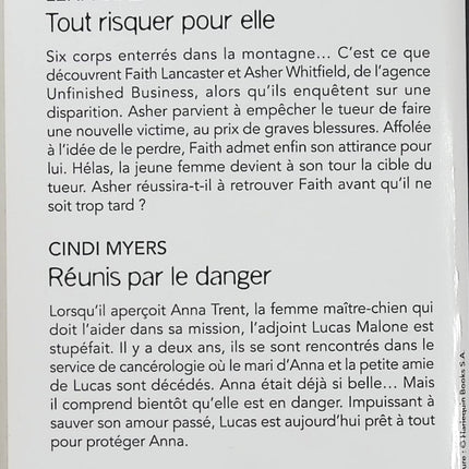 Tout risquer pour elle - Réunis par le danger - Lena Diaz - Cindi Myers - Black Rose - Romance suspense - Enquête - Disparition - Tueur - Meurtre - Femme traquée - Protection - Danger - Maître-chien - Police - Secrets - Livre
