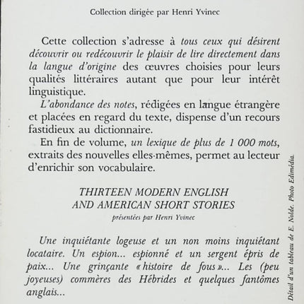 Thirteen Modern English and American Short Stories Henri Yvinec littérature anglaise et américaine nouvelles contemporaines - Livre en Anglais