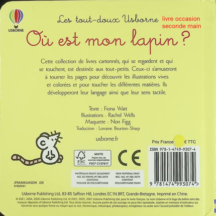 Où est mon lapin ? Les tout-doux livre enfant Usborne imagier interactif premières lectures peluche - Livre