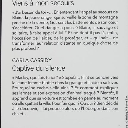 Viens à mon secours - Captive du silence - Rachel Lee - Carla Cassidy - Black Rose - Romance suspense - Enquête - Danger - Protection - Menace - Mystère - Secrets - Montagne - Fuite - Livre