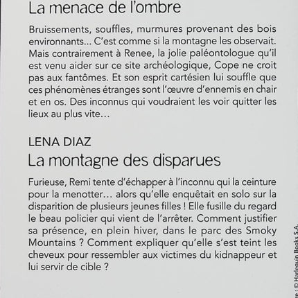 La menace de l'ombre - La montagne des disparues - Rachel Lee - Lena Diaz - Black Rose - Romance suspense - Enquête - Disparitions - Kidnapping - Meurtre - Danger - Secrets - Montagne - Police - Livre