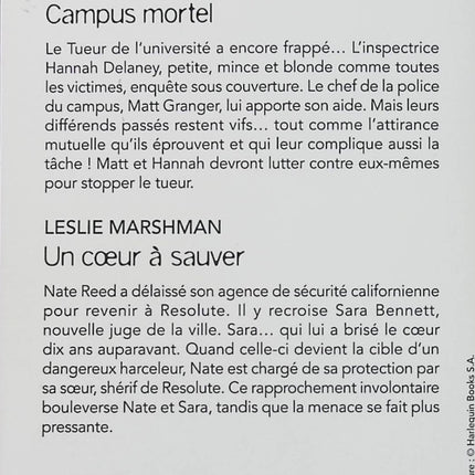 Campus mortel - Un cœur à sauver - Juno Rushdan - Leslie Marshman - Black Rose - Romance suspense - Enquête policière - Tueur en série - Harcèlement - Protection - Danger - Police - Secrets - Meurtre - Livre