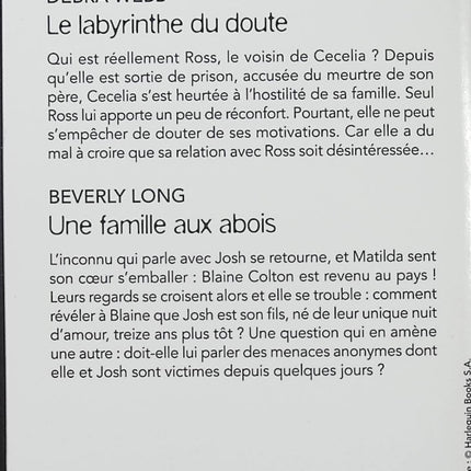 Le labyrinthe du doute - Une famille aux abois - Debra Webb - Beverly Long - Black Rose - Romance suspense - Enquête - Meurtre - Menaces - Secret de famille - Femme accusée - Protection - Danger - Suspense - Livre