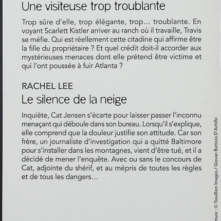 Une visiteuse trop troublante - Le silence de la neige - Karen Whiddon - Rachel Lee - Black Rose - Romance suspense - Menaces - Enquête - Meurtre - Journaliste - Shérif - Danger - Secrets - Protection - Ranch - Livre