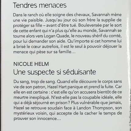 Tendres menaces - Une suspecte si séduisante - Janice Kay Johnson - Nicole Helm - Black Rose - Romance suspense - Ranch - Shérif - Meurtre - Suspecte - Protection - Enfant en danger - Menaces - Secrets - Danger - Livre