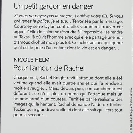 Un petit garçon en danger - Pour l'amour de Rachel - Robin Perini - Nicole Helm - Black Rose - Romance suspense - Enfant menacé - Rançon - Meurtre - Femme traquée - Protection - Ranch - Policier - Danger - Secrets - Amour - Livre