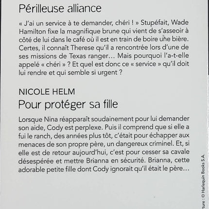 Périlleuse alliance - Pour protéger sa fille - Angi Morgan - Nicole Helm - Black Rose - Romance suspense - Texas Ranger - Enquête - Danger - Menace - Protection - Enfant - Secrets - Crime - Livre
