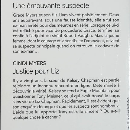 Une émouvante suspecte - Justice pour Liz - Debra Webb - Cindi Myers - Black Rose - Romance suspense - Enquête - Meurtres en série - Disparition - Meurtre - Danger - Secrets - Suspect - Livre