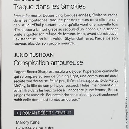 Traque dans les Smokies - Conspiration amoureuse - L'identité d'une autre - Lena Diaz - Juno Rushdan - Mallory Kane - Black Rose - Romance suspense - Enquête - Danger - Livre