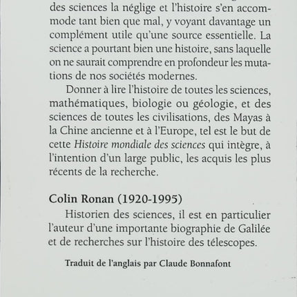 Histoire mondiale des sciences – Colin Ronan – Histoire des découvertes scientifiques et des grandes civilisations - Livre
