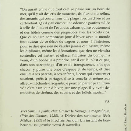 Un instant de bonheur - Yves Simon - Recueil de nouvelles - Littérature française - Amour - Solitude - Désir - Livre