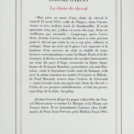 La chute de cheval – Jérôme Garcin – Récit autobiographique sur la mémoire et la passion équestre - Livre