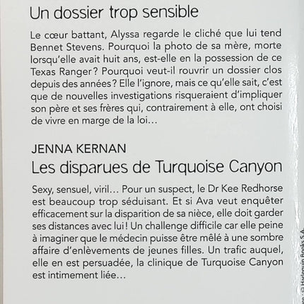 Un dossier trop sensible - Les disparues de Turquoise Canyon - Nicole Helm - Jenna Kernan - Black Rose - Romance suspense - Enquête - Disparition - Enlèvement - Danger - Secrets - Meurtre - Livre