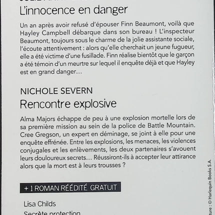 L'innocence en danger - Rencontre explosive - Secrète protection - Julie Anne Lindsay - Nichole Severn - Lisa Childs - Black Rose - Romance suspense - Enquête - Meurtre - Danger - Menace - Protection - Livre