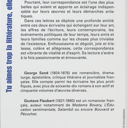 Tu aimes trop la littérature, elle te tuera – George Sand et Gustave Flaubert | Correspondance littéraire, lettres d’écrivains et échanges sur la littérature française - Livre