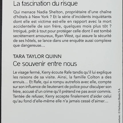 La fascination du risque - Ce souvenir entre nous - K.D. Richards - Tara Taylor Quinn - Black Rose - Romance suspense - Enquête - Danger - Menace - Crime - Protection - Livre