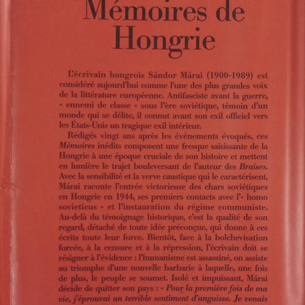 Mémoires de Hongrie Sándor Márai – Récit autobiographique sur l’histoire hongroise, l’exil, la Seconde Guerre mondiale et le destin d’un écrivain européen - Livre