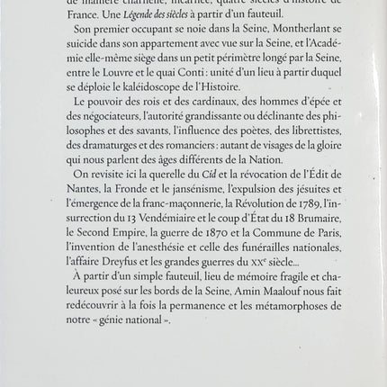 Un fauteuil sur la Seine – Quatre siècles d’histoire de France – Amin Maalouf – Essai historique sur les institutions et la mémoire française - Livre