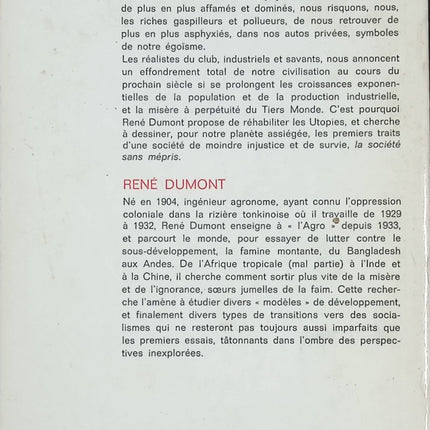 L’Utopie ou la Mort – René Dumont – Essai écologique et manifeste pour la survie de la planète - Livre