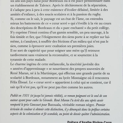 Le Cœur serré – René Maran – roman d’apprentissage littéraire et récit d’enfance mélancolique - Livre
