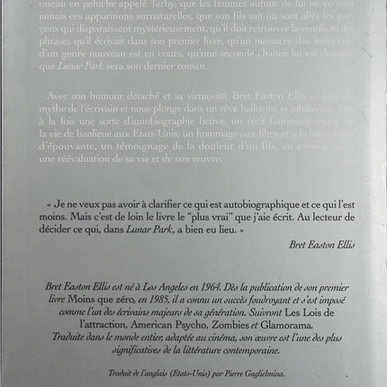 Lunar Park – Bret Easton Ellis – roman américain contemporain, thriller psychologique, horreur, fiction et mise en abyme - Livre