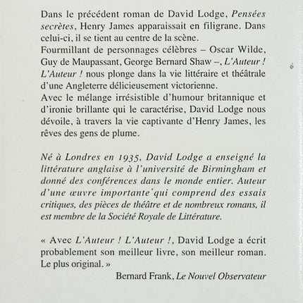 L’Auteur ! L’Auteur ! – David Lodge – Roman historique et biographique sur Henry James et le monde littéraire victorien - Livre