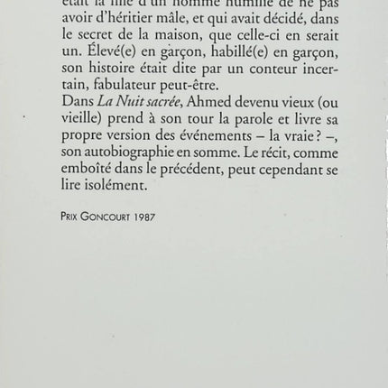 La Nuit sacrée - Tahar Ben Jelloun - roman marocain, identité, liberté, condition féminine et traditions - Livre