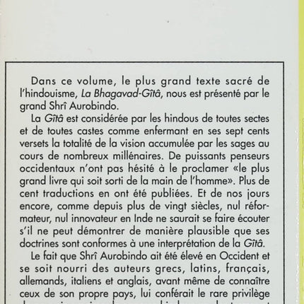 La Bhagavad-Gîtâ – Sri Aurobindo – texte spirituel hindou et sagesse védique - Livre