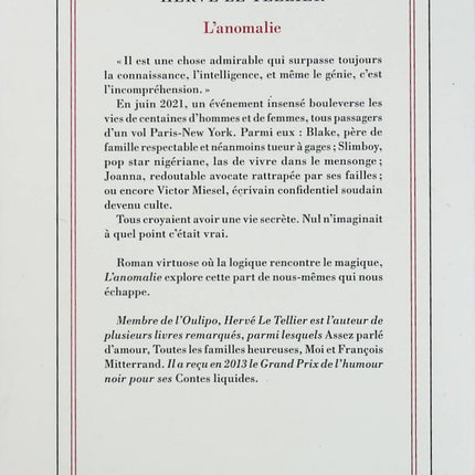 L’Anomalie – Hervé Le Tellier – roman Goncourt, science-fiction et thriller psychologique - Livre