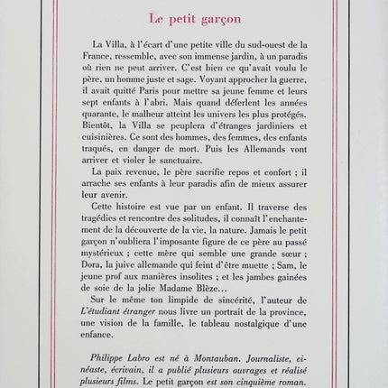 Le Petit Garçon – Philippe Labro – Roman autobiographique sur l’enfance pendant la Seconde Guerre mondiale - Livre