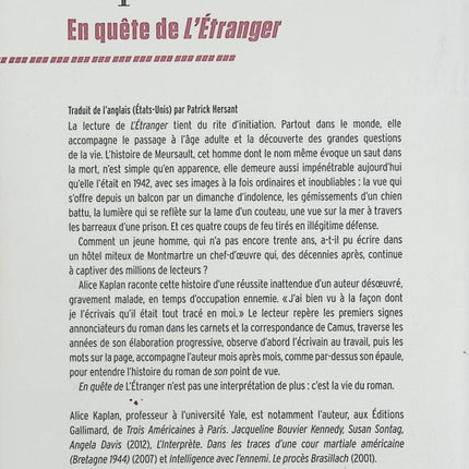 En quête de L'Étranger – Alice Kaplan – Essai littéraire sur Albert Camus et la naissance d’un chef-d’œuvre - Livre